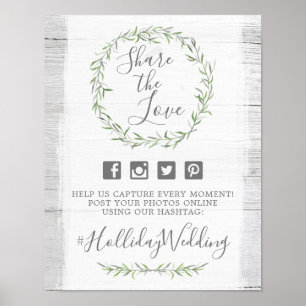 Poster Mariage Rustic Wood & Wreath Hashtag