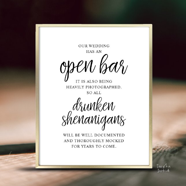 Poster Mariage Rustique Bar Ouvert, Frasques d'Ivrognes (Modern Rustic Wedding Open Bar Drunken Shenanigans Poster in Black and White)