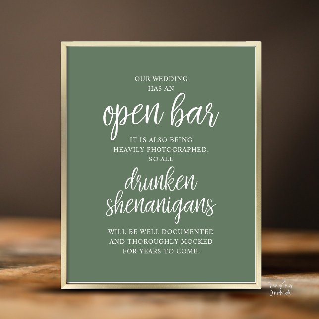 Poster Mariage Rustique Bar Ouvert, Frasques d'Ivrognes (Modern Rustic Wedding Open Bar Drunken Shenanigans Poster in Classy Sage Green)