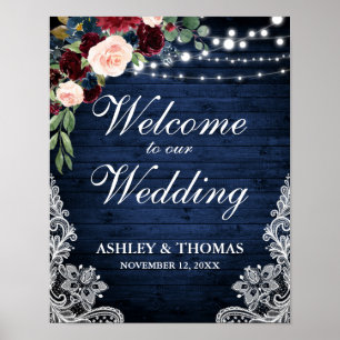 Poster Mariage Rustique Bleu dentelle Burgundy Bleu Flora