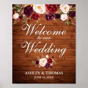 Poster Mariage Rustique Bois Bourgogne Floral Bienvenue