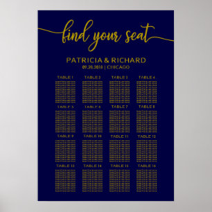 Poster Mariage Seating Chart Elegant Gold Navy Bleu