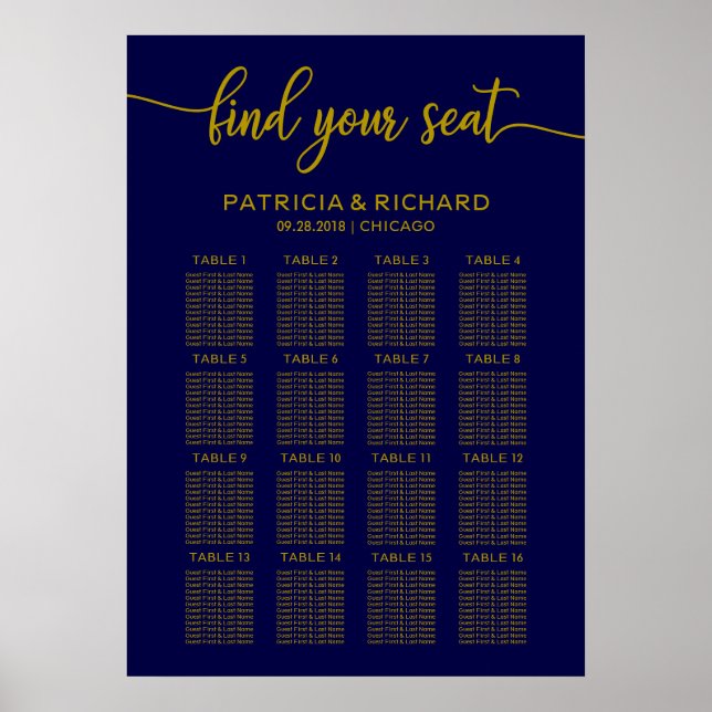 Poster Mariage Seating Chart Elegant Gold Navy Bleu (Devant)