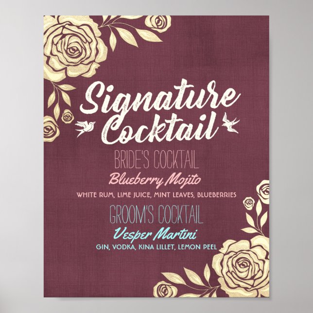 Poster Mariage Signature Boire Menu Bourgogne Golden Rose (Devant)