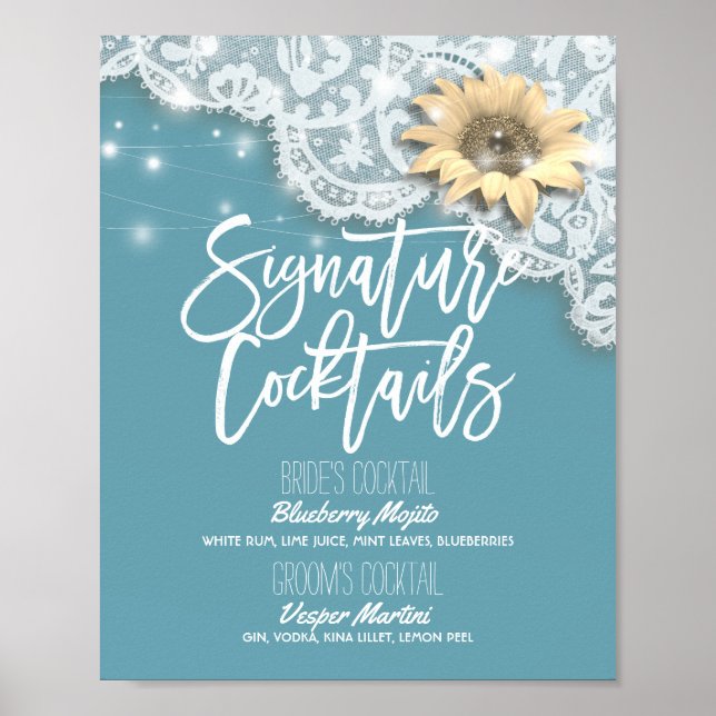 Poster Mariage Signature Boire Menu Dentelle Tournesol Lu (Devant)