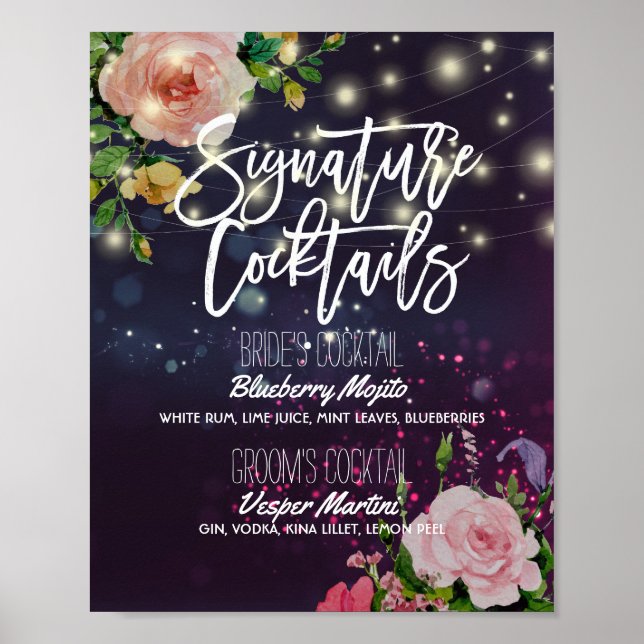 Poster Mariage Signature Boire Menu Floral String Lights (Devant)