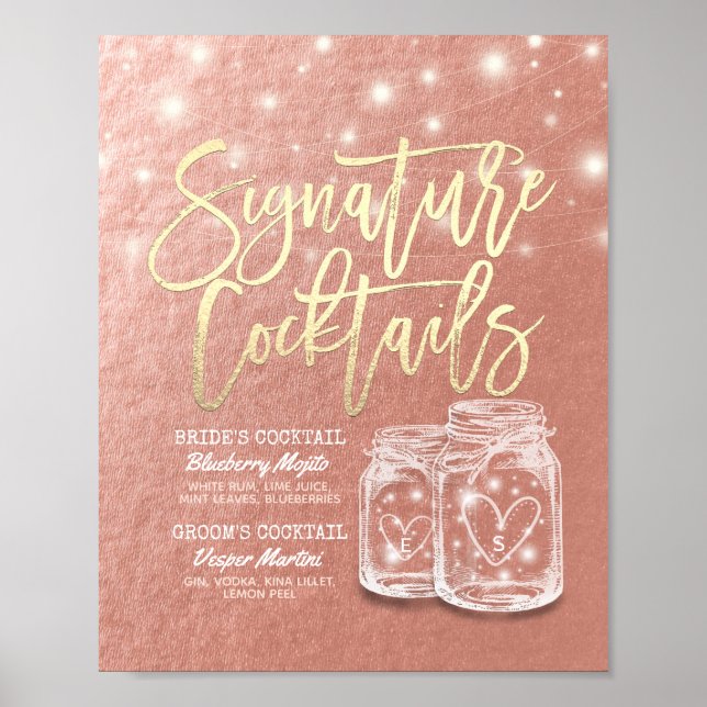 Poster Mariage Signature Boire Menu Mason Jars Rose Or (Devant)