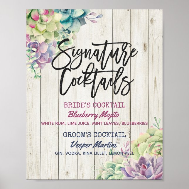 Poster Mariage Signature Boisson Menu Succulent Bois rust (Devant)