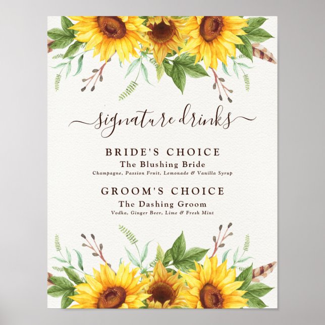 Poster Mariage Signature Boissons Rustique Boho Sunflower (Devant)
