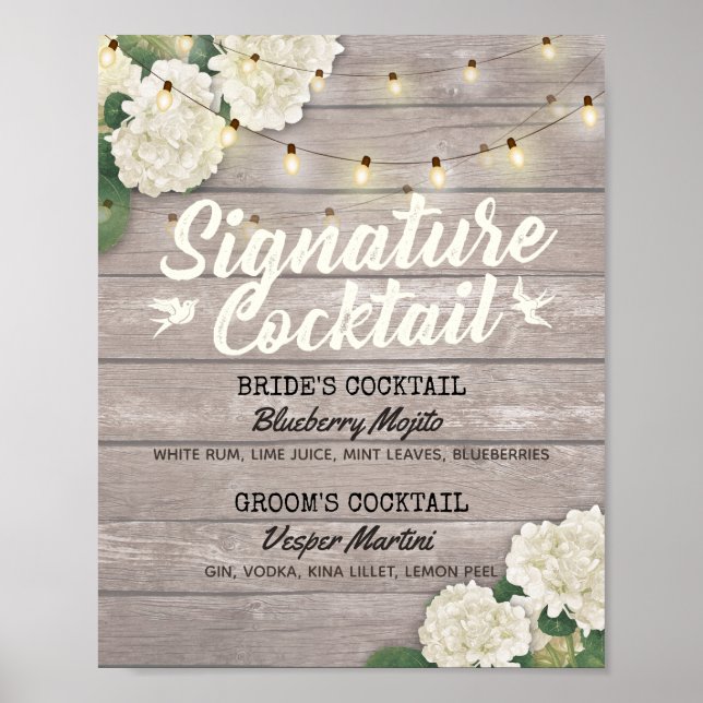 Poster Mariage Signature Cocktail Boisson Menu Fleurs de  (Devant)