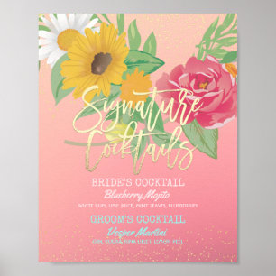 Poster Mariage Signature Cocktail Boisson Menu Fleurs ros
