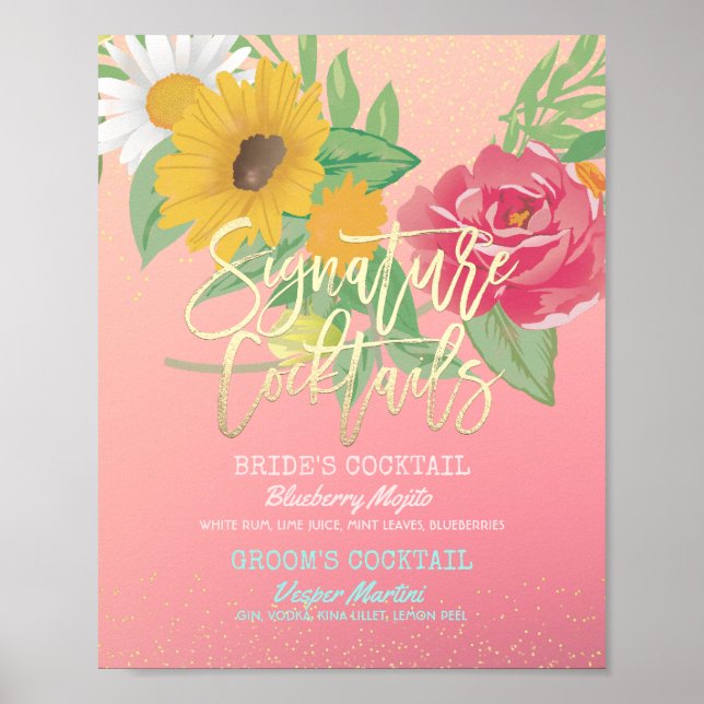 Poster Mariage Signature Cocktail Boisson Menu Fleurs ros (Devant)
