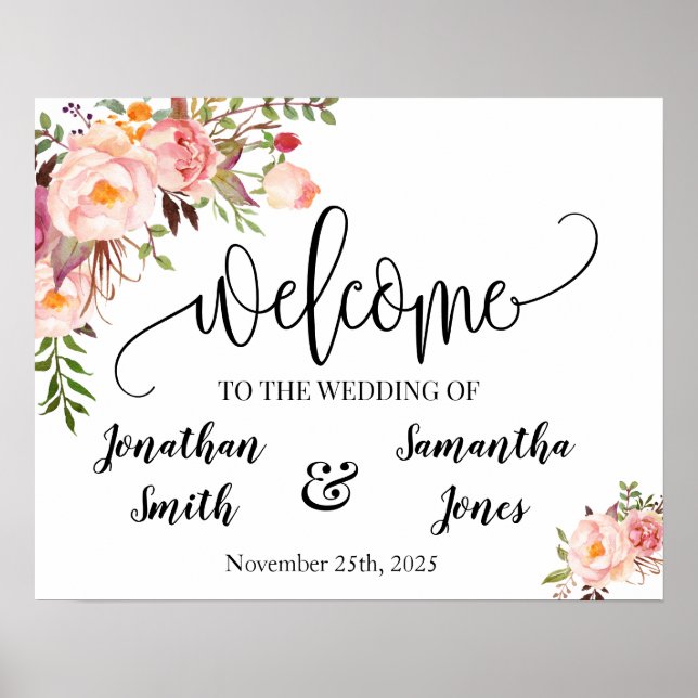 Poster Mariage signe de bienvenue boho chic rose fleuri p (Devant)