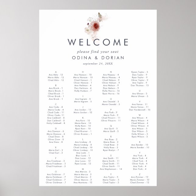 Poster Mariage simple Floral alphabétique (Devant)