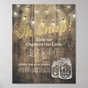 Poster Mariage Snap Hashtag Bois rustique Mason Jar Lumiè