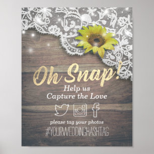Poster Mariage Snap Hashtag Dentelle Tournesol Bois Lumiè