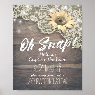 Poster Mariage Snap Hashtag Lace Sunflower Wood Lights