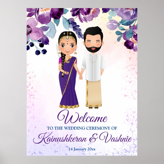 Poster Mariage sud-indien Tamil Telugu violet bleu (Devant)