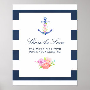 Poster Mariage Thème Floral Aquarelle et Nautique Hashtag