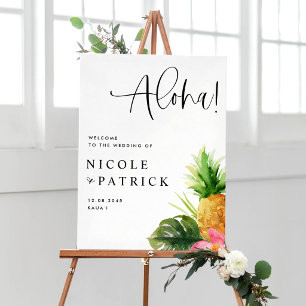 Poster Mariage Tropical Aquarelle Ananas et Hibiscus
