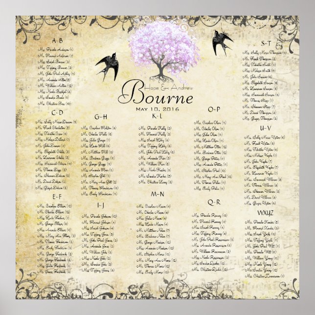 Poster Mariage Vintage d'oiseaux de l'arbre de la feuille (Devant)