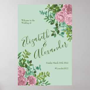 Poster Mariage Vintage Vert & Rose Pastel Floral