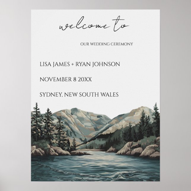 Poster Mariage Welcome Aquarelle de pin du lac Mountain (Devant)