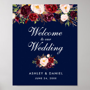Poster Mariage Welcome Aquarelle Florale Bourgogne Bleu
