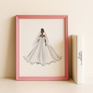 Poster Mariée noire, robe blanche, œuvre d'art, illustrat