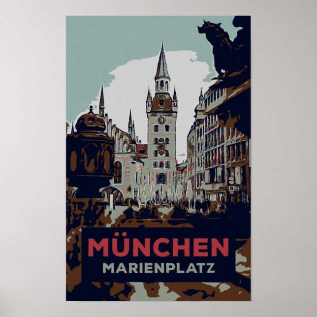 Poster Marienplatz, Centre-ville de Munich Illustration (Devant)