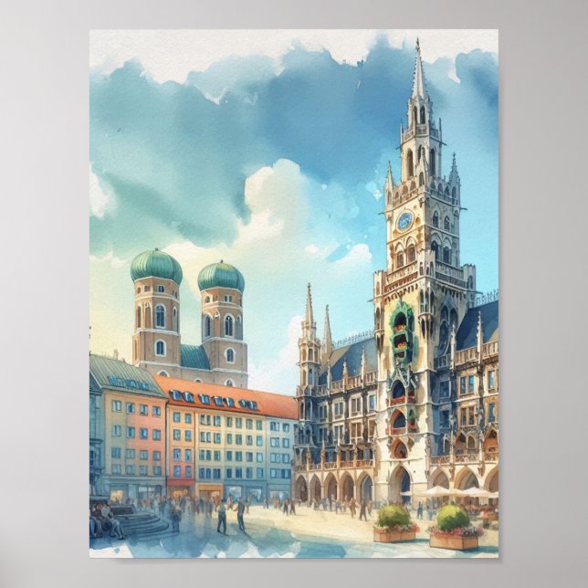 Poster Marienplatz Munich Allemagne Aquarelle (Devant)