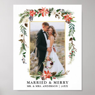 Poster Mariés et Joyeux Or Aquarelle Floral Hiver