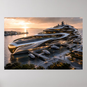 Poster Marina Coucher de soleil Méga-yacht Luxueux Futuri
