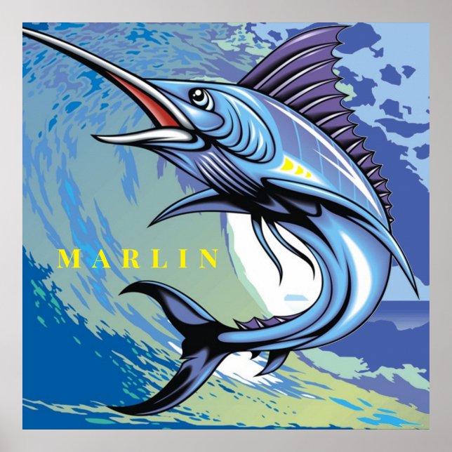 Poster Marine Animal Big Fish Marlin Nage dans l'océan (Devant)