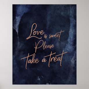 Poster Marine Bleu Aquarelle Rose Or l'amour est doux tra