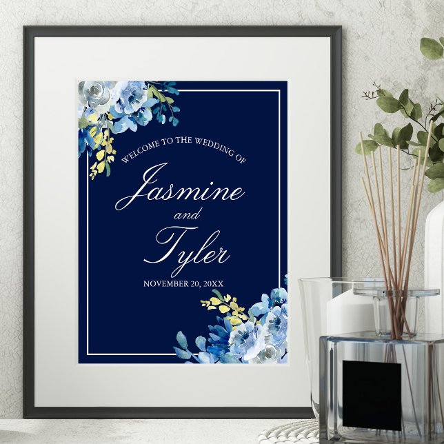 Poster Marine Bleu Blanc Floral Élégant Mariage de bienve (Créateur téléchargé)