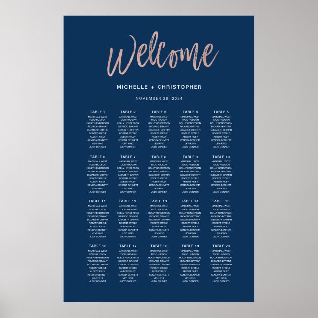 Poster Marine Bleu et Rose Gold Glam Chic Seing Chart (Devant)