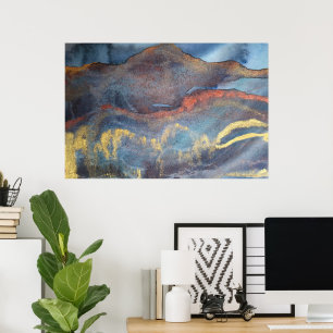 Poster Marine Bleu & or Aquarelle Marbre Moderne Abstrait