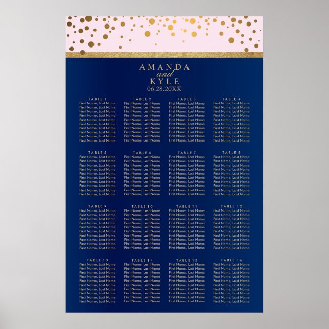 Poster Marine bleu, rose et or - 16 Seating Chart (Devant)