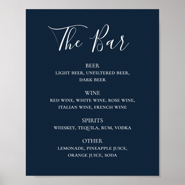 Poster Marine bleu simple script mariage boissons menu ba (Devant)