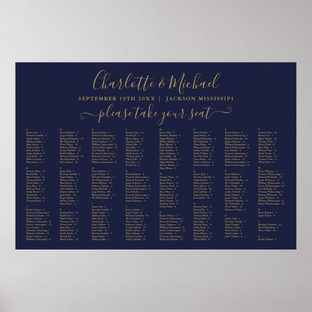Poster Marine Blue and Gold 300 Noms Mariage Seating Char (Devant)