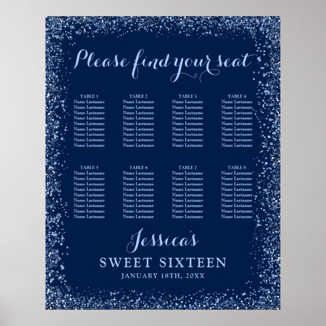 Poster Marine Blue Faux Parties scintillant Sweet 16 Seat (Devant)