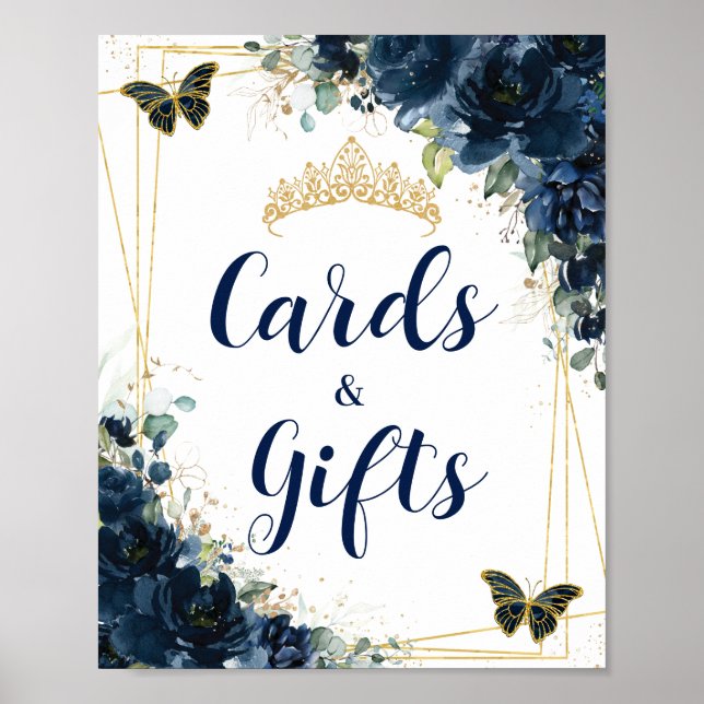 Poster Marine Blue Floral or Quinceañera Cartes et cadeau (Devant)