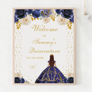 Poster Marine Blue Floral Princesse Quinceañera Bienvenue
