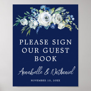 Poster Marine Blue Floral Winter Wedding Guest Book Poste