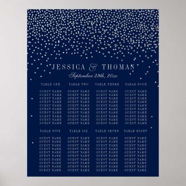 Poster Marine Blue & Glam Argent Confetti Mariage Siège (Devant)