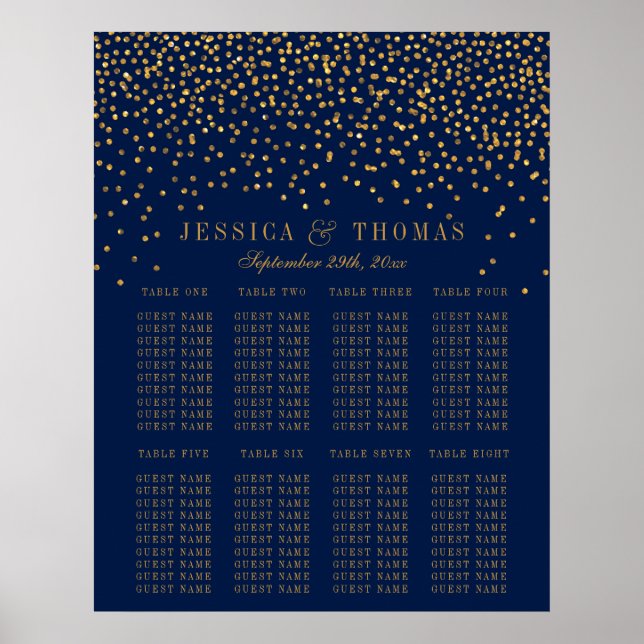 Poster Marine Blue & Glam Gold Confetti Mariage Siège (Devant)