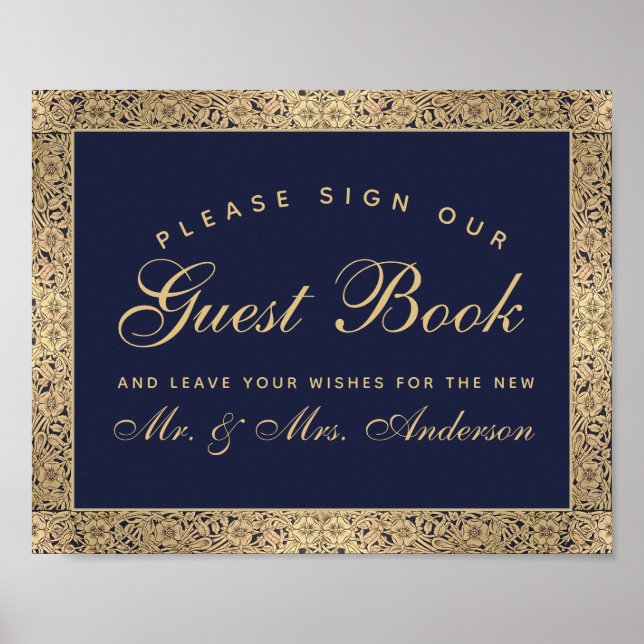 Poster Marine Blue Gold Rose Mariage Signer Notre Livre d (Devant)