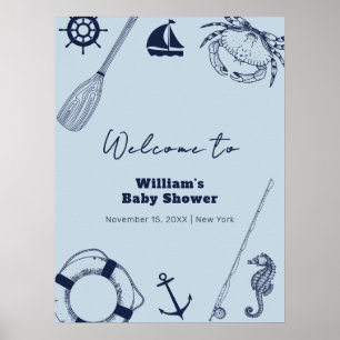 Poster Marine Blue Modern Fishing Baby shower Bienvenue