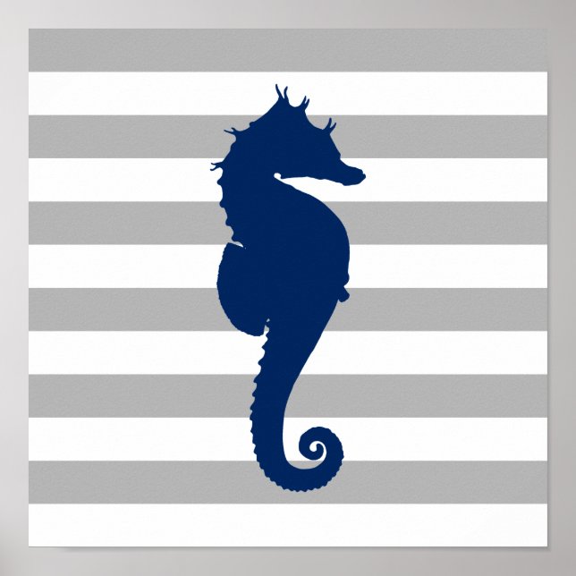 Poster Marine Blue Seahorse Gris et blanc rayures (Devant)
